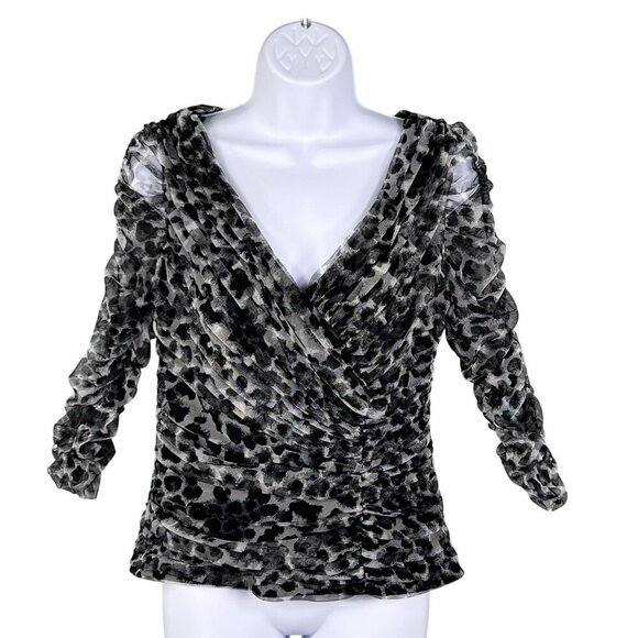 Tadashi Shoji Womens M Leopard Print Ruched Mesh Top V Neck 3/4 Sleeves Blouse - Picture 1 of 15